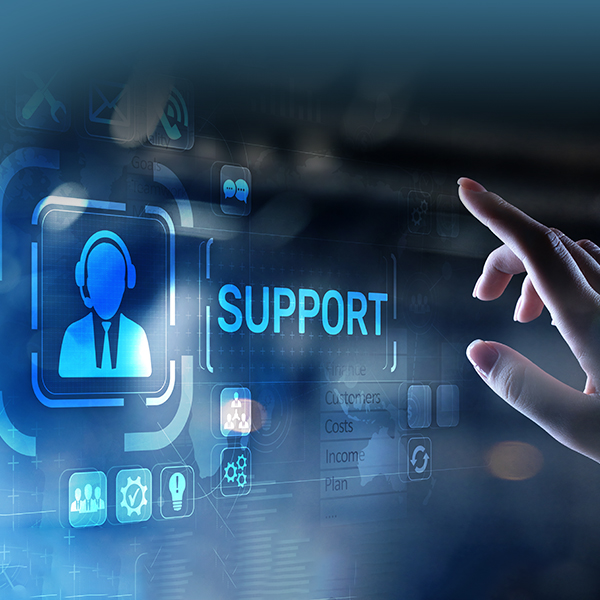 Help Desk and Online Support Woman's hand clicking the help desk and online support button